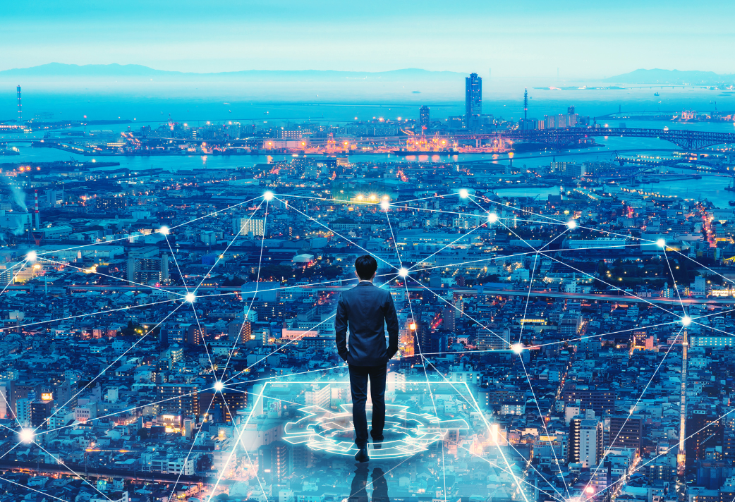 Man standing above a city connected by glowing network lines, symbolizing the future of personalized investing with Direct Indexing