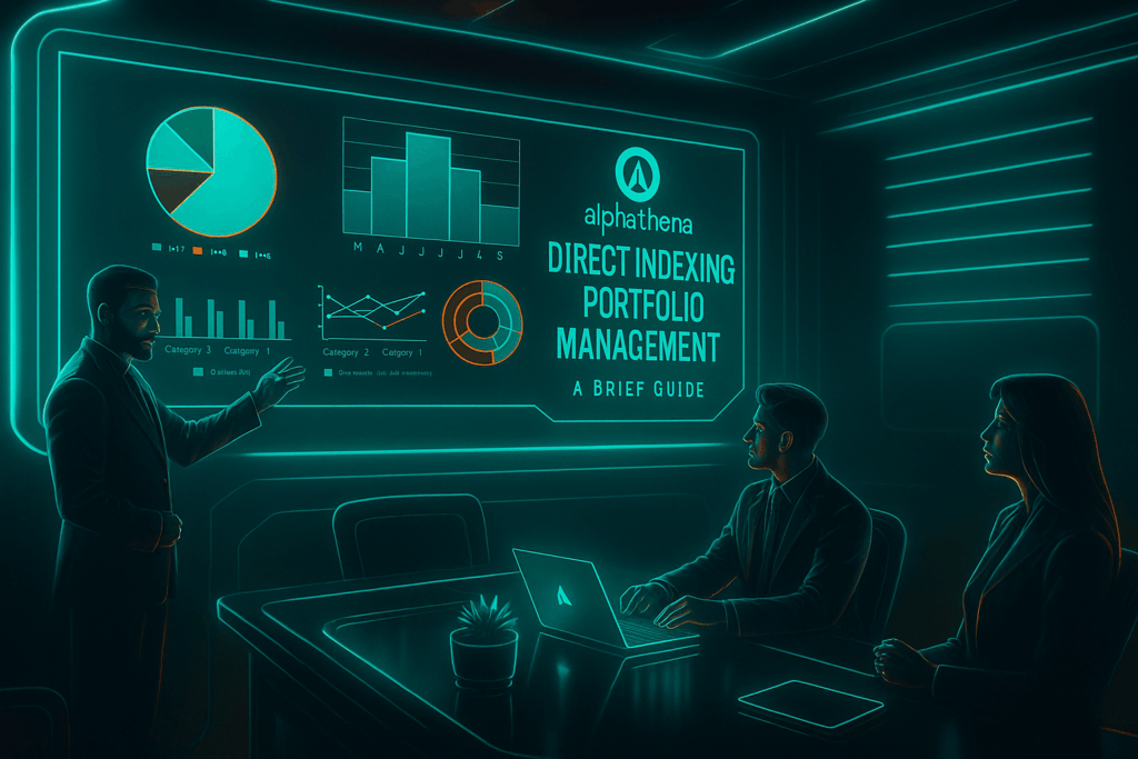 Futuristic cyberpunk-style office scene showing professionals engaged in a high-tech presentation titled “Direct indexing portfolio management: A brief guide,” with glowing charts and Alphathena branding displayed on a neon-lit screen