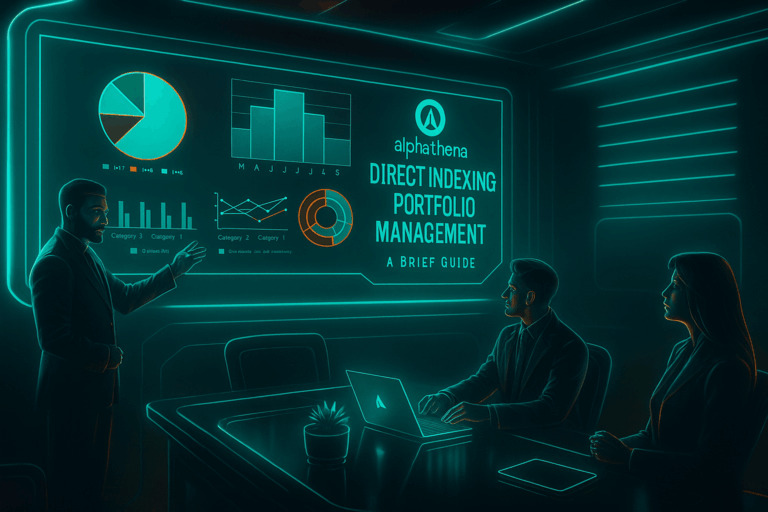 Futuristic cyberpunk-style office scene showing professionals engaged in a high-tech presentation titled “Direct indexing portfolio management: A brief guide,” with glowing charts and Alphathena branding displayed on a neon-lit screen