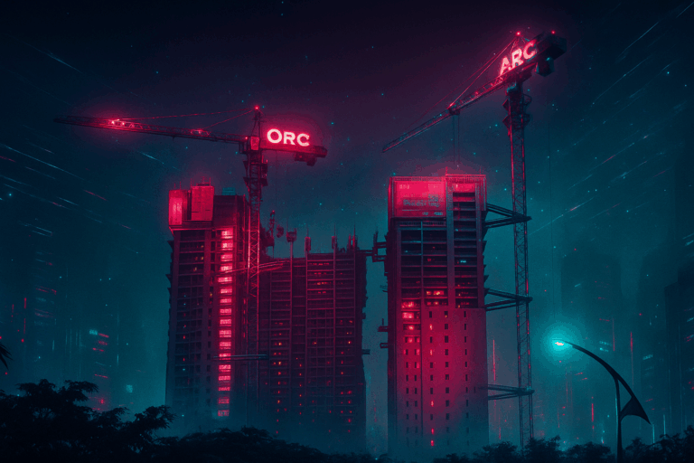 Futuristic cyberpunk cityscape showing high-rise buildings under construction, illuminated by neon red and teal lights, with glowing cranes and a misty night sky in the background.
