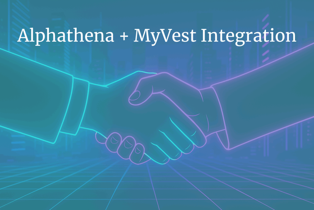 Futuristic digital illustration of two hands shaking in a neon-lit cyberpunk cityscape, symbolizing the Alphathena and MyVest integration for scalable, personalized investing.