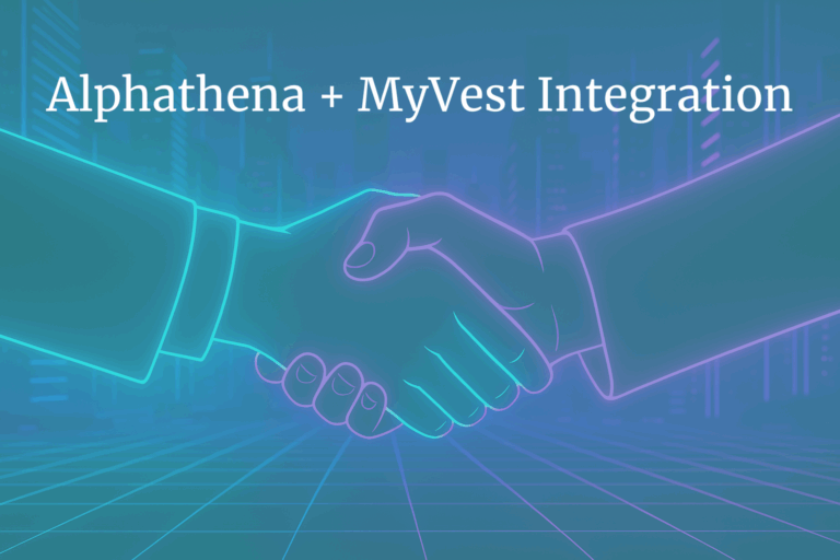 Futuristic digital illustration of two hands shaking in a neon-lit cyberpunk cityscape, symbolizing the Alphathena and MyVest integration for scalable, personalized investing.