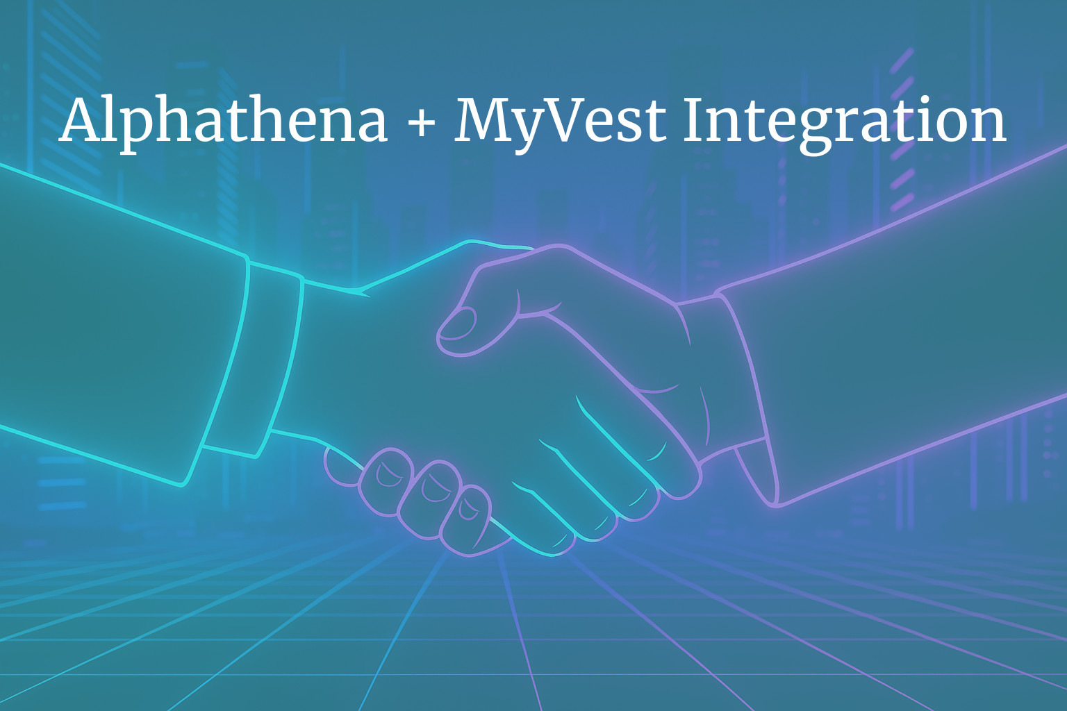 Futuristic digital illustration of two hands shaking in a neon-lit cyberpunk cityscape, symbolizing the Alphathena and MyVest integration for scalable, personalized investing.