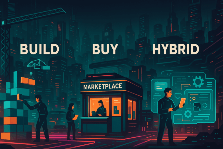 Futuristic cyberpunk cityscape illustrating the Build vs Buy vs Hybrid strategic decision framework for scalable personalization, with neon teal and orange accents.