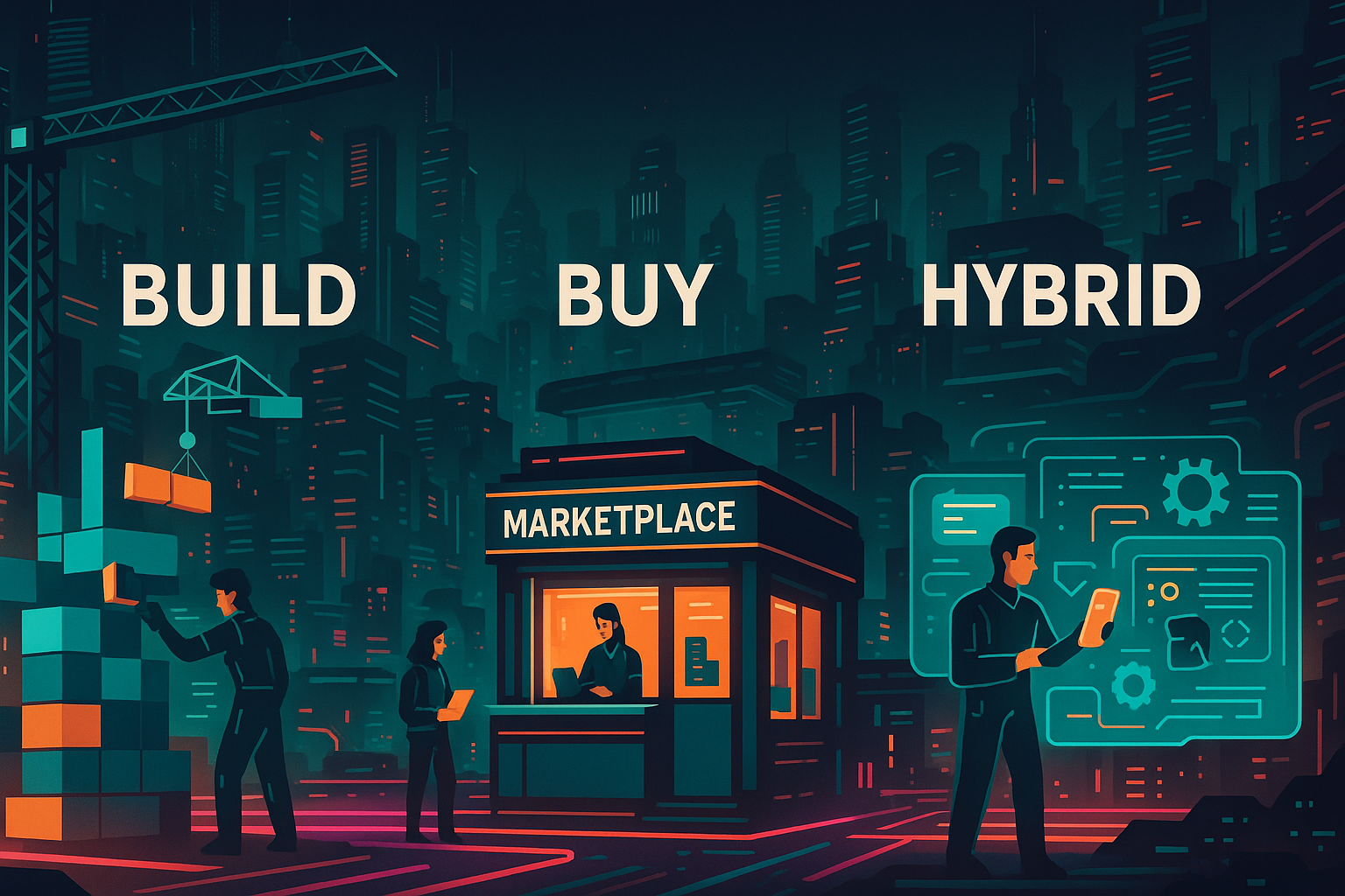 Futuristic cyberpunk cityscape illustrating the Build vs Buy vs Hybrid strategic decision framework for scalable personalization, with neon teal and orange accents.