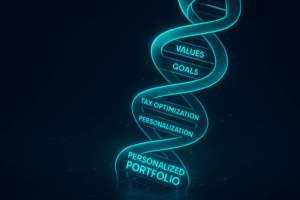 Futuristic DNA helix representing a personalized investment portfolio, with glowing labels for values, goals, personalization, and tax optimization.