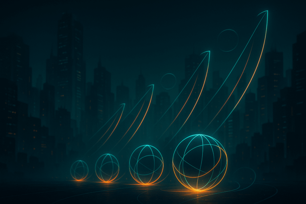 A futuristic cityscape at night with glowing teal and orange geometric spheres replicating in progression, surrounded by ascending light arcs that symbolize growth. The image visually represents efficiency, scalability, and direct indexing return on investment.