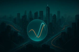 Futuristic cityscape at night in teal and orange tones, featuring a glowing sphere with intersecting curves symbolizing long/short direct indexing, surrounded by illuminated data-like trails.