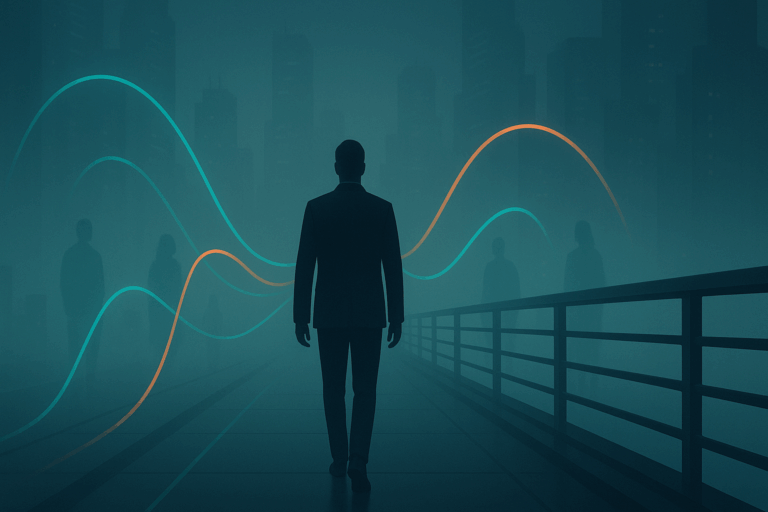 A silhouetted advisor walks across a fog-covered, futuristic bridge in a dark cityscape. Teal and orange glowing data lines arc from the advisor toward ghostly, semi-transparent figures along the walkway, symbolizing personalized portfolio connections. The scene is moody and atmospheric, evoking a Blade Runner–inspired aesthetic with Alphathena brand colors.