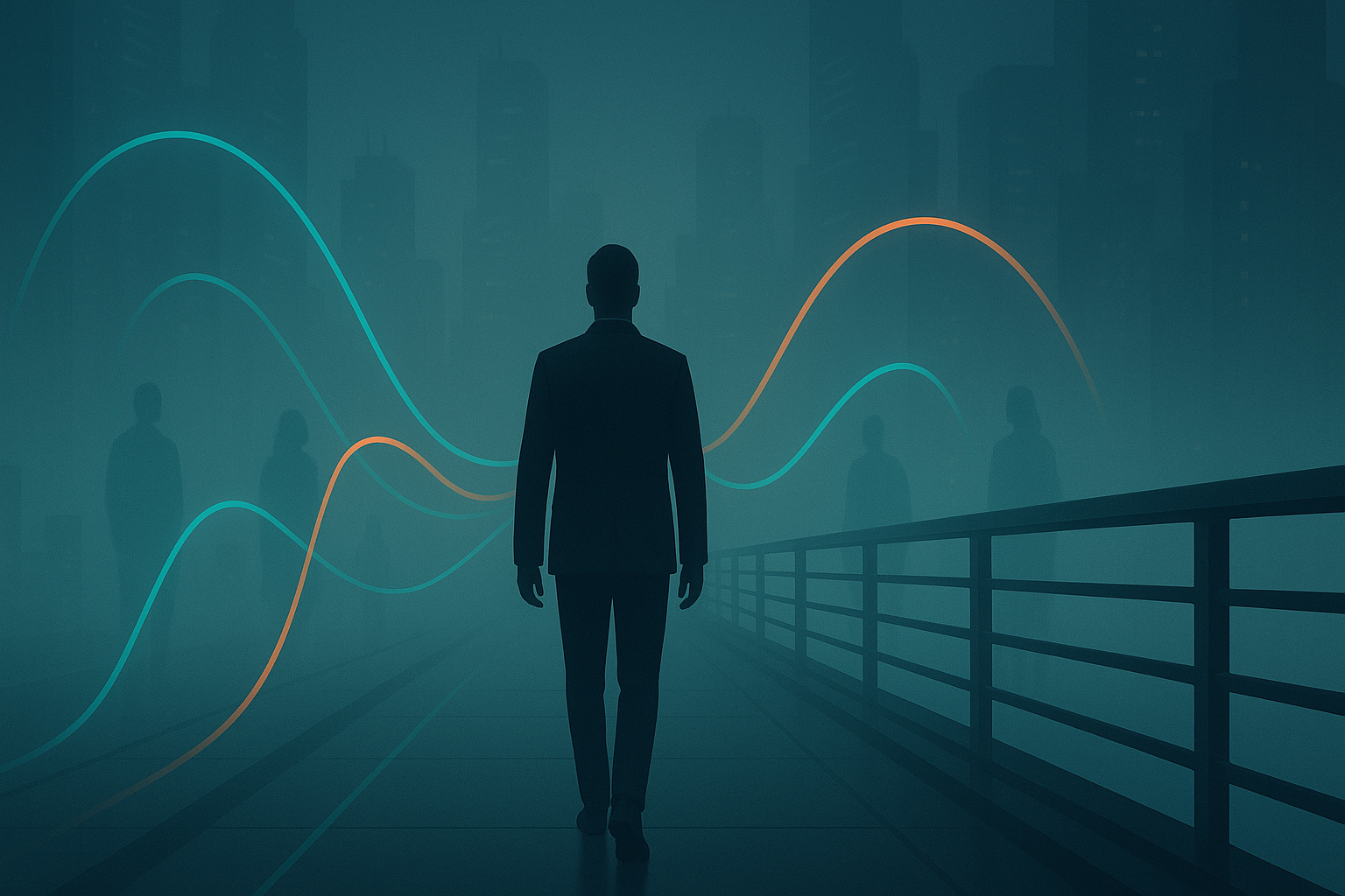 A silhouetted advisor walks across a fog-covered, futuristic bridge in a dark cityscape. Teal and orange glowing data lines arc from the advisor toward ghostly, semi-transparent figures along the walkway, symbolizing personalized portfolio connections. The scene is moody and atmospheric, evoking a Blade Runner–inspired aesthetic with Alphathena brand colors.