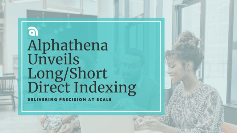 Image of three professionals sitting at a table with text overlay: "Alphathena unveils Long/Short Direct Indexing" Delivering Precision at Scale