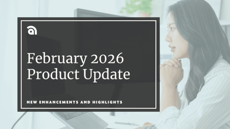A woman looks at a computer screen, text that says "February 2026 Product Update" is next to her