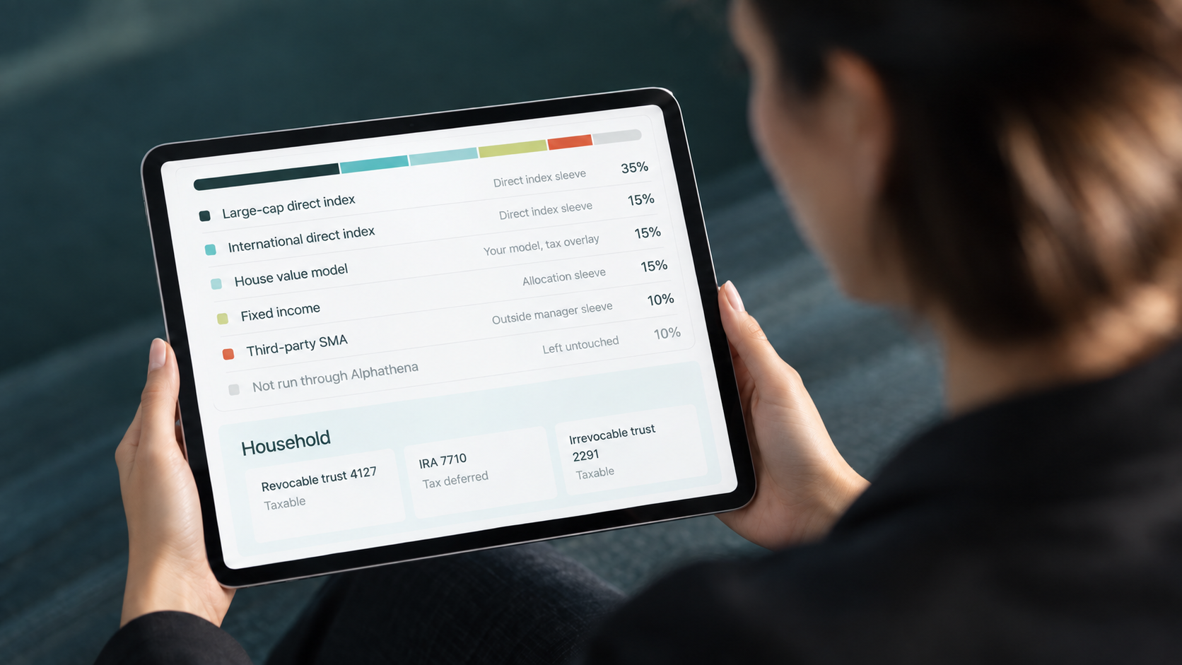 A woman reviews a dashboard showing how Alphathena works with banks and trust companies